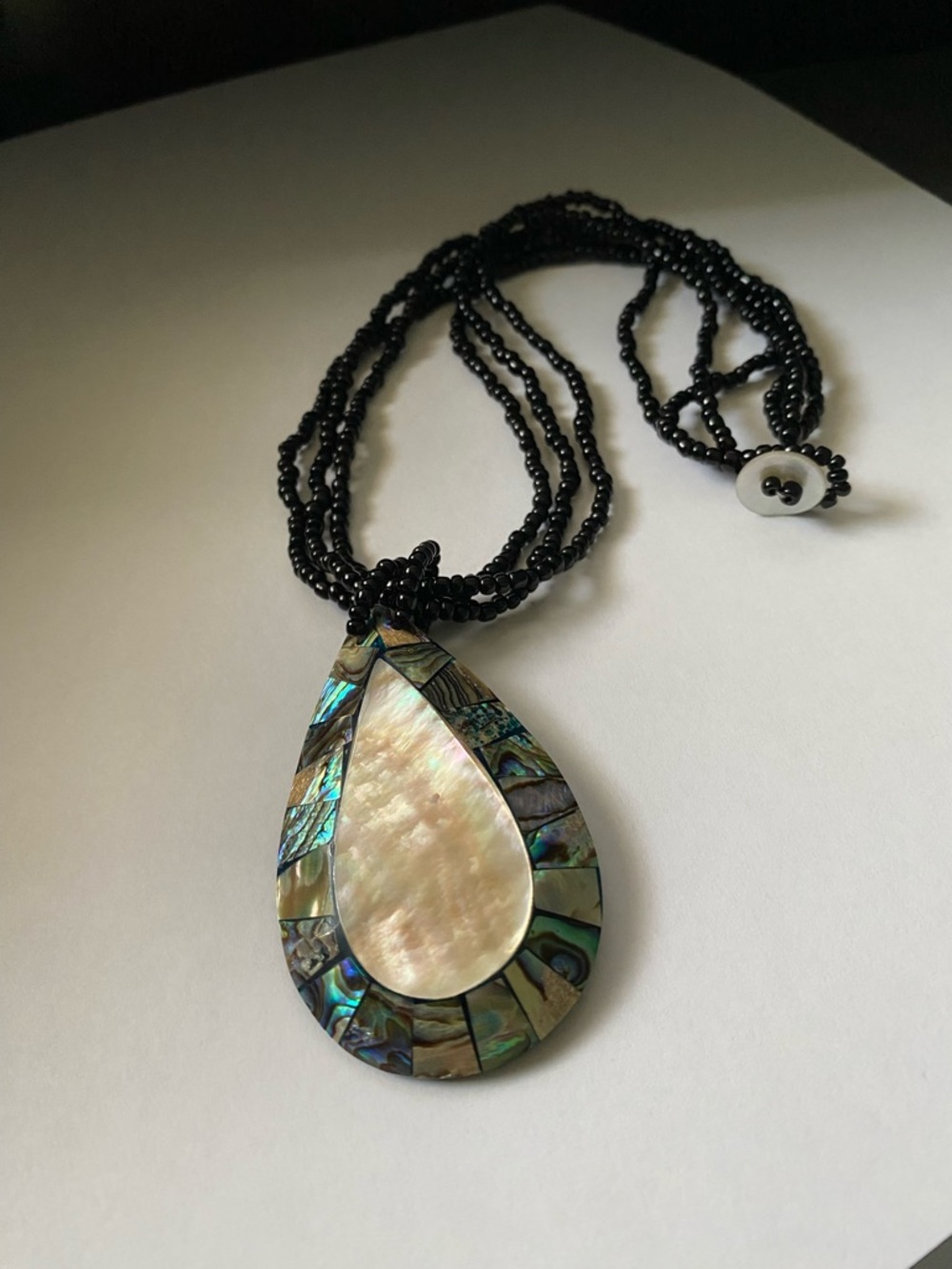 Mother of Pearl and Abalone Teardrop Pendant Necklace - Black Beaded Strand